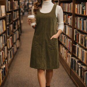 CHIC Jeanswear Khaki Green Corduroy Jumper Dress Pockets XL Knee Length